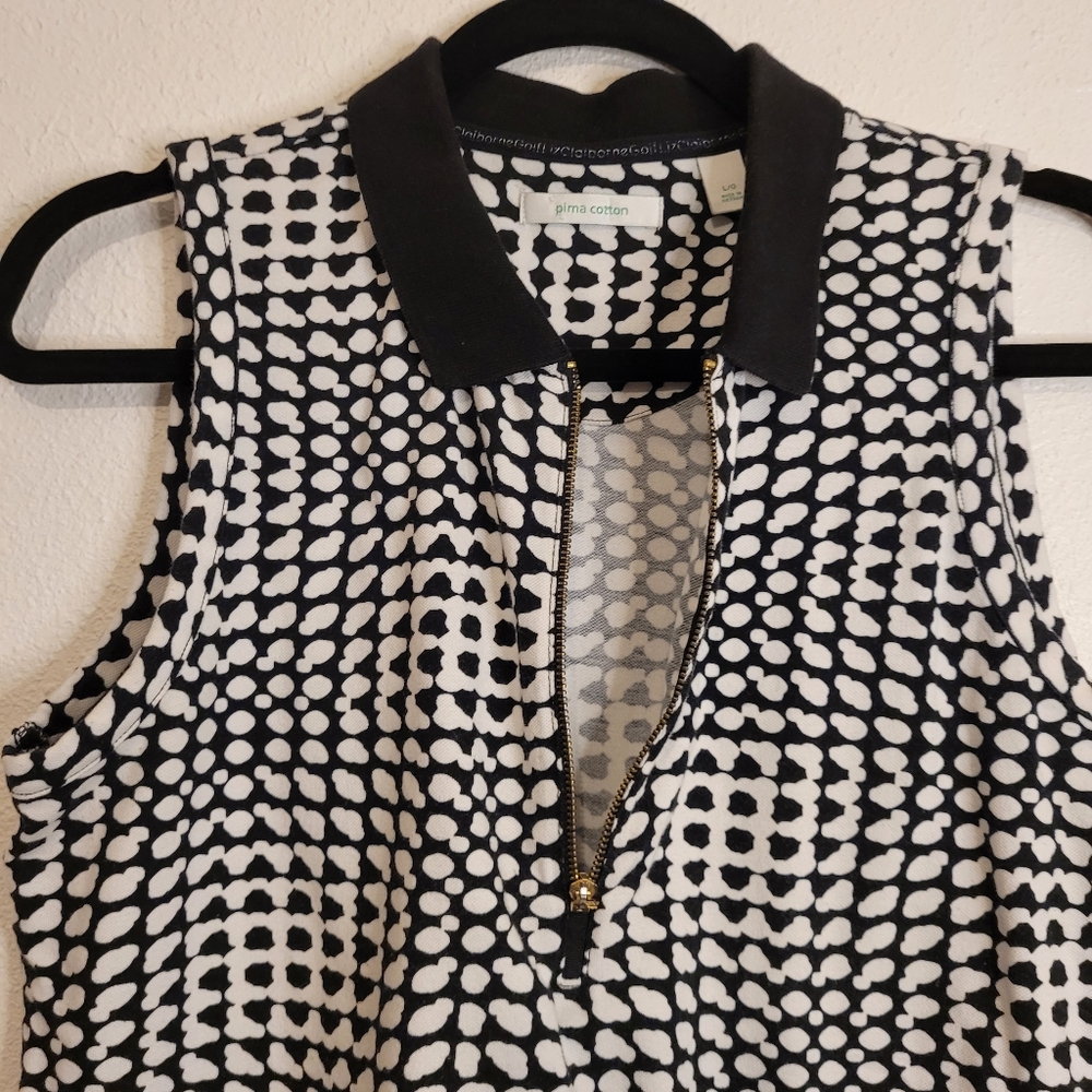 Pima Cotton Women Sleeveless BlackWhite Pattern Sweater Vest 3/4 Zipper EUC Sz L